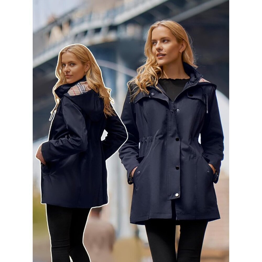 🆕Women's Navy Blue Waterproof Long Raincoat Windbreaker Jacket with Hood - Picture 4 of 7